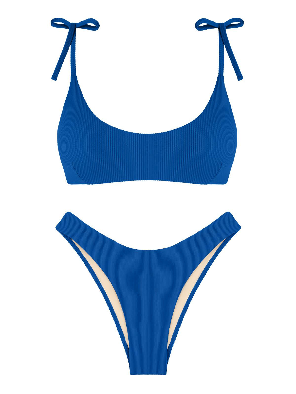 ZAFUL Tie Shoulders Ribbed Bikini S Deep blue