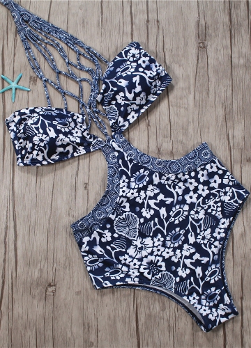 Women One Piece Swimsuit Swimwear Floral Print Lacing Up Hollow Out Contrast Bodysuit Beach Wear Bathing Suit Monokini Dark Blue