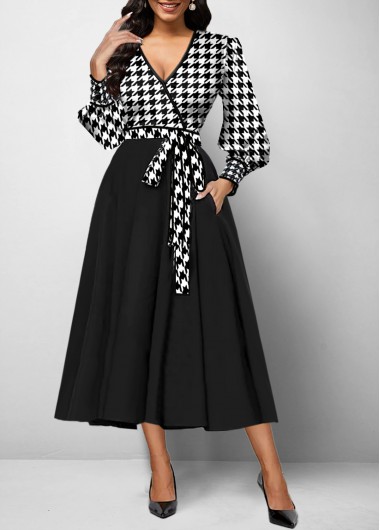 ROTITA Belted Black Houndstooth Print Maxi Dress