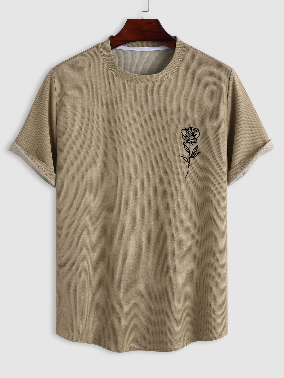 ZAFUL Men's ZAFUL Rose Embroidered Textured Short Sleeves T-shirt S Light coffee
