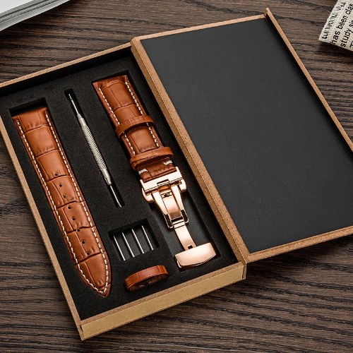 La première couche de montre en cuir de vachette avec boucle papillon à double bouton Bracelet à motif flammé Accessoires de montre Un dropshipping (moyen 18 mm nouveau bracelet marron clair (noir) fermoir papillon à double bouton + boîte en bois