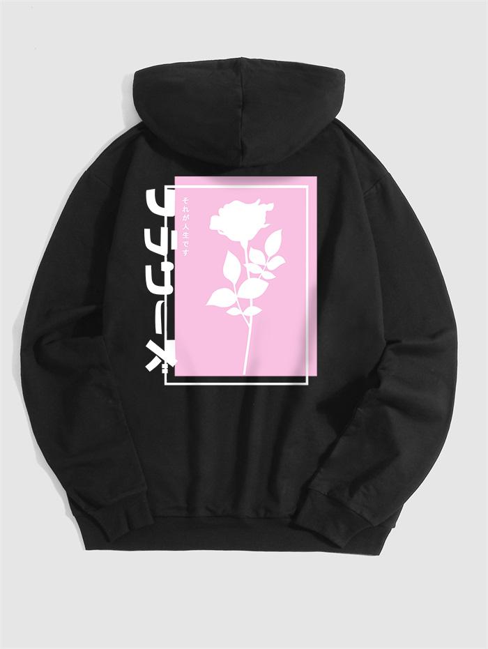 ZAFUL Men's Japanese Characters Rose Print Hoodie L Black