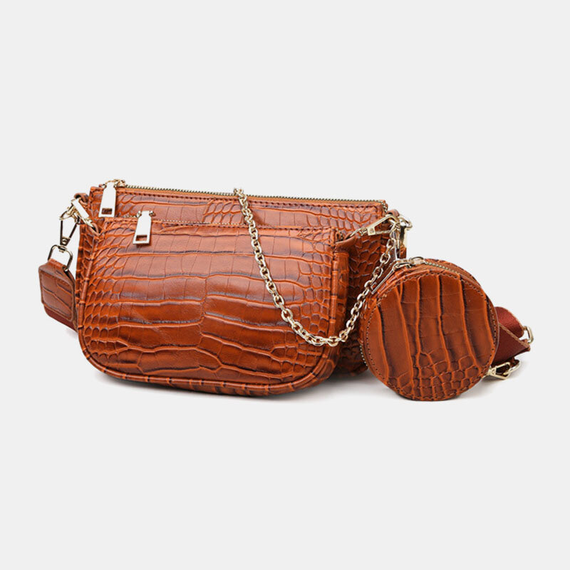 Women 3Pcs Solid Crocodile Pattern Chains Shoulder Bag Crossbody Bag