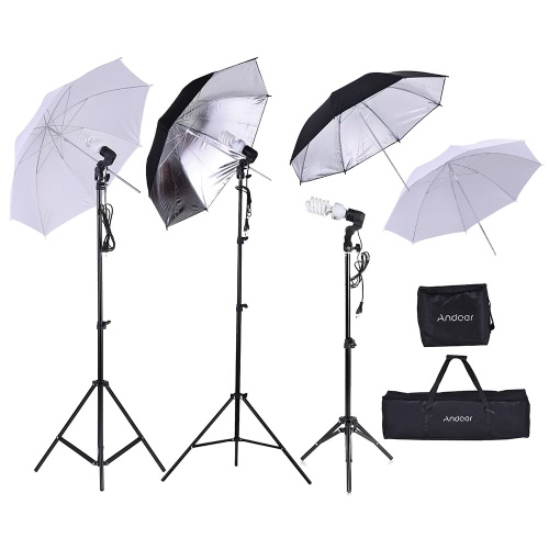 Andoer Photo Studio Kit 2 * 2m Light Stand + 3 * 45W Bulb + 2 * 83cm Parasol blanco suave translúcido +2 * 83cm Parasol negro y plateado + 1 * 80cm Soporte ligero + 3 * Bulbo giratorio Socket con 1 bolsa de almacenamiento de bulbo 1 Bolsa de transporte