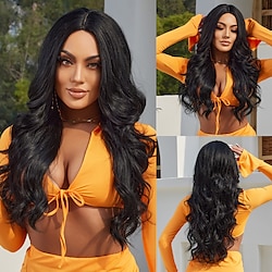 Synthetic Wig Uniforms Career Costumes Princess Curly Deep Wave Middle Part Layered Haircut Machine Made Wig 26 inch Black Synthetic Hair Women's Cosplay Party Fashion Natural Black Lightinthebox