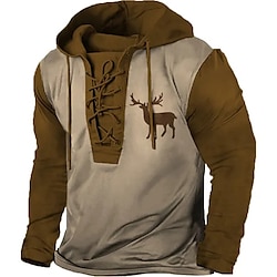 Men's Pullover Hoodie Sweatshirt Pullover Brown Hooded Color Block Elk Graphic Prints Lace up Print Casual Daily Sports 3D Print Basic Streetwear Designer Spring   Fall Clothing Apparel Hoodies miniinthebox