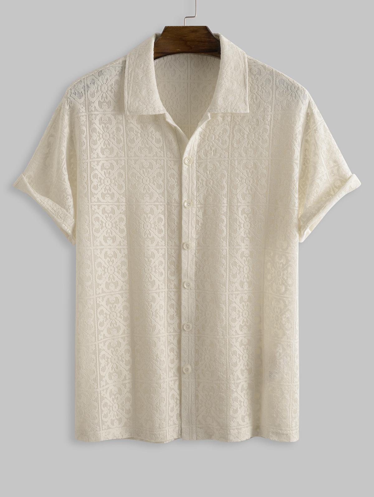 ZAFUL Men's ZAFUL Sexy Floral Jacquard Lace Sheer Openwork Short Sleeves Shirt Xxl White