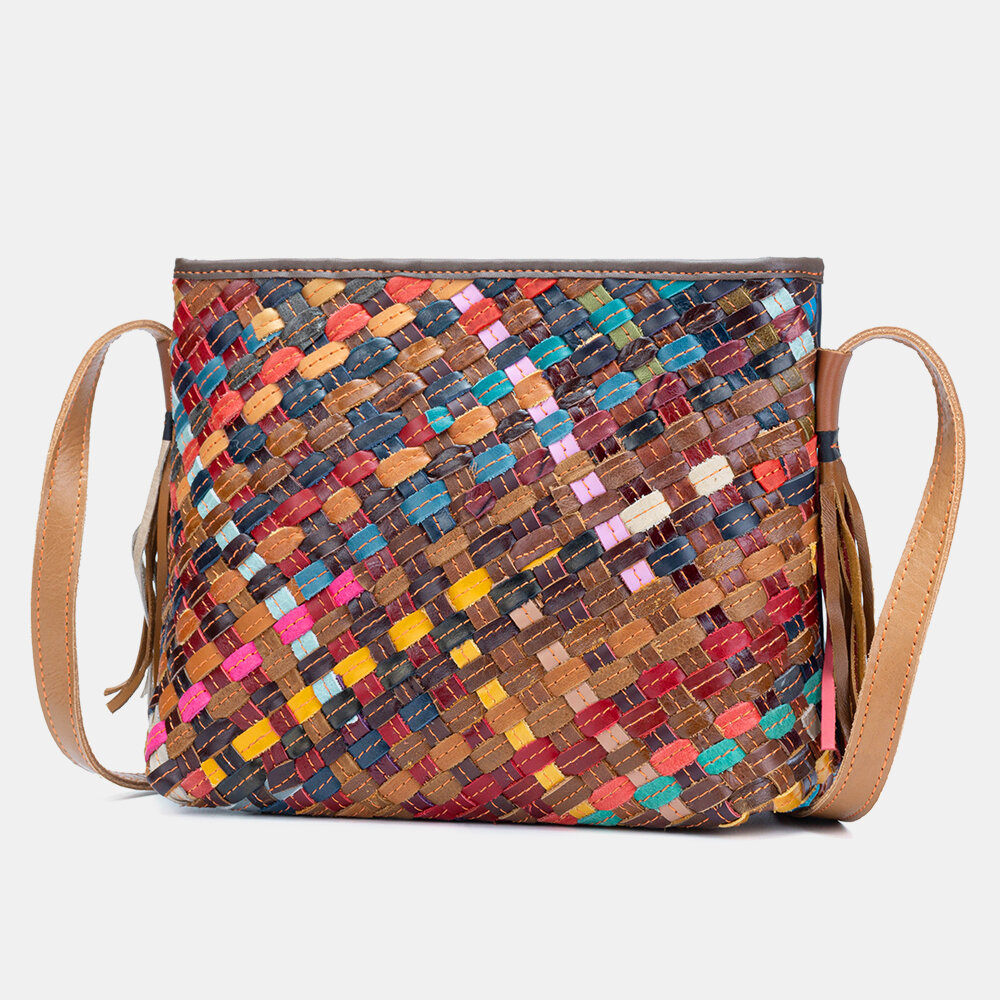Women Genuine Leather Weave Tassel Crossbody Bag Shoulder Bag
