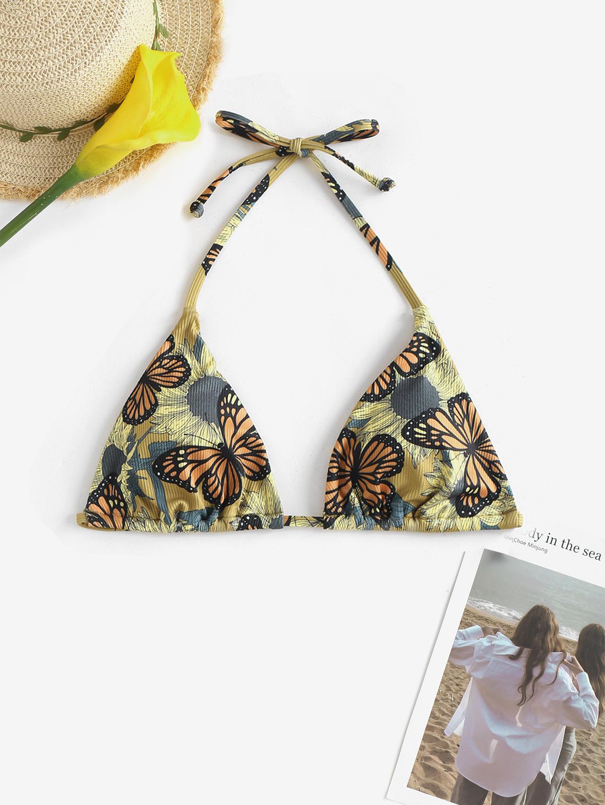 Sunflower Butterfly Print Halter Bikini Top S Deep yellow