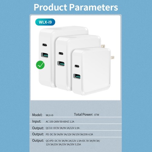 WLX-i9 2 ports USB + Type-C chargeur 87W PD + QC3.0 Charge rapide adaptateur portable tête de chargeur pour tablette / téléphone prise américaine