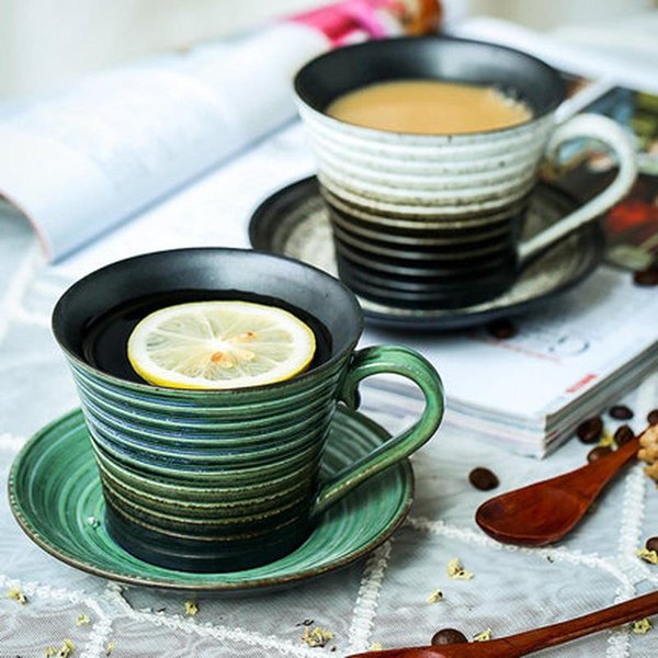 Mugs Japanese-style Retro Ceramic Coffee Cup Hand-drawn Stripe Creative Literary Making Old Milk With And Saucer