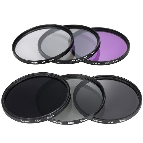 Andoer 77mm filtro de la lente Kit UV + CPL FLD + + ND (ND2 ND4 ND8) con Carry Cap bolsa / tapa del objetivo / soporte Lens / Tulipán, caucho Limpieza y protección / paño de limpieza