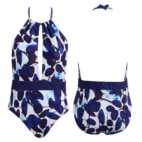 Women One Piece Swimsuit Floral Print Color Block Halter Padded Push Up Oen Back Hollow Out Sexy Monokini Royalblue