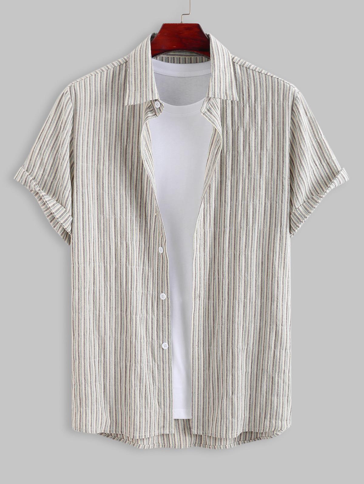 ZAFUL Men's ZAFUL Striped Pattern Cotton and Linen Textured Short Sleeves Shirt Xl Light coffee
