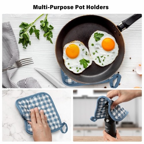 Esonmus Gants de Four en Silicone Résistant à la Chaleur Mitaines de Four + 2 Supports de Pot en Coton pour Cuisine Cuisson Cuisson Gril Barbecue - Blue Plaid