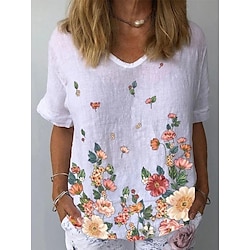 Women's Shirt Blouse White Floral Print Short Sleeve Casual Holiday Basic V Neck Regular Floral S miniinthebox