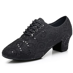 Women's Ballroom Dance Shoes Modern Shoes Line Dance Indoor Professional Ballroom Dance Practice Sequins Low Heel Thick Heel Round Toe Lace-up Adults' Black White Lightinthebox