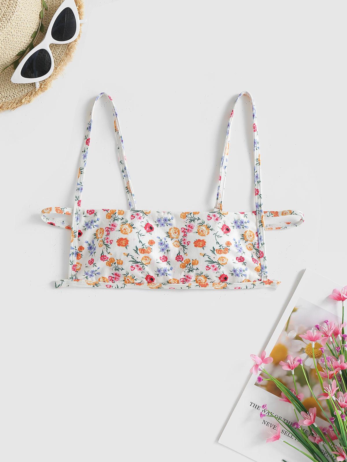 Floral Ribbed Bikini Top M White