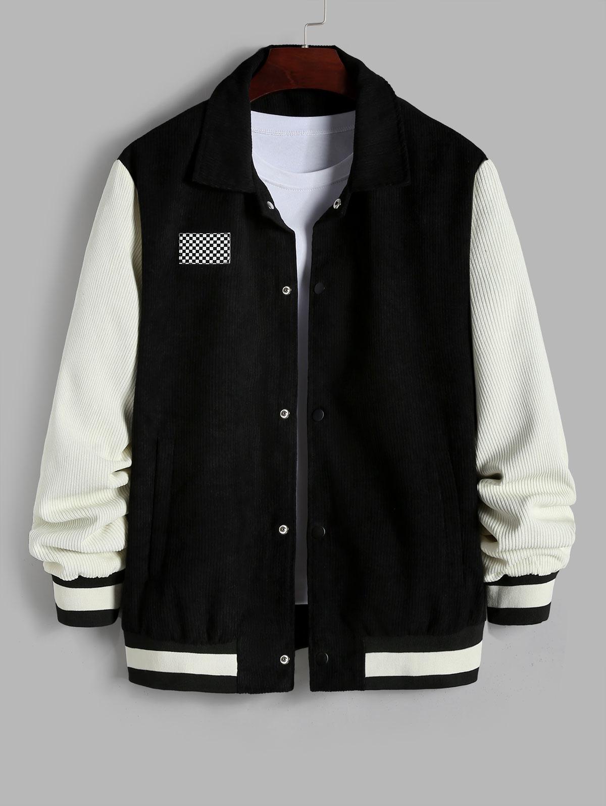 ZAFUL Men's Checkerboard Patched Colorblock Corduroy Baseball Varsity Jacket M Black
