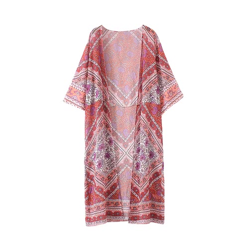 New Women Kimono Cardigan Beach Cover Up Floral Print Chiffon Boho Long Loose Casual Blouse Top Beachwear Red