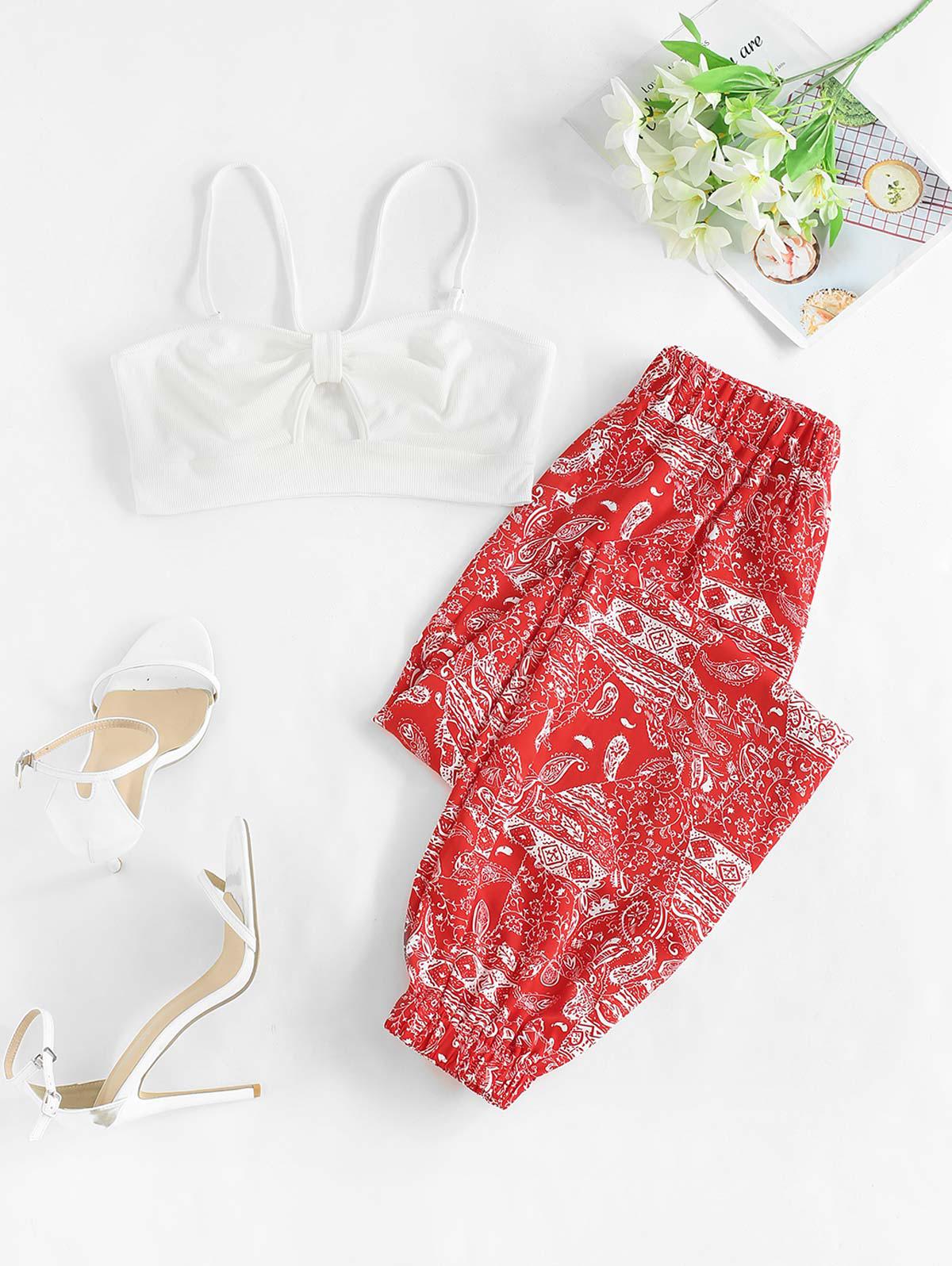 ZAFUL Paisley Patchwork Print Knot Jogger Pants Set S Red