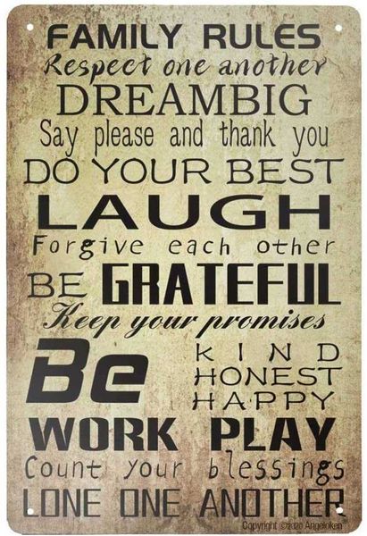 New Metal Tin Sign Retro Vintage Family Rules Aluminum Sign for Home Coffee Wall Decor 8x12 Inch
