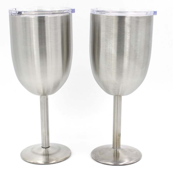 Silver 10OZ Wine glasses Goblets double layer Stainless Steel Wine cup Beer coffee Wine glass with lid