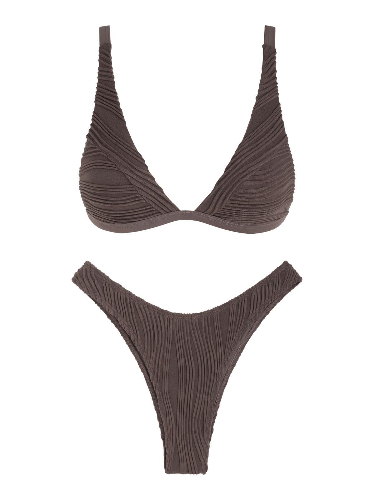 ZAFUL Textured High Cut Bikini Swimwear L Deep coffee