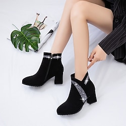 Women's Heels Boots Heel Boots Daily Booties Ankle Boots Rhinestone Chunky Heel Round Toe PU Zipper Color Block Black Brown Lightinthebox