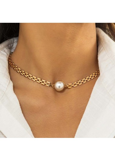 Alloy Detail Retro Pearl Design Gold Necklace
