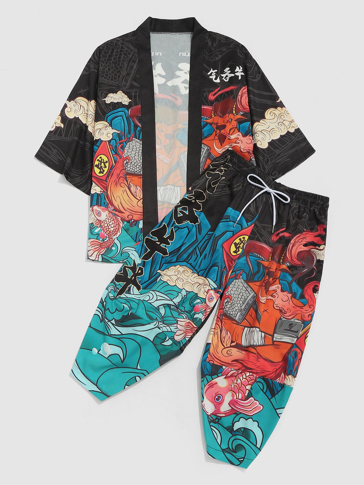 ZAFUL Men's Chinoiserie Print Kimono Cardigan And Cropped Baggy Pants Set Xl Cherry red