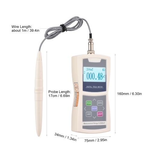 Gamme automatique de gaussimètre de mètre de Tesla numérique 200mT / 2000mT testeur de champ magnétique de Surface sensible de haute précision avec la boîte en plastique de sonde radiale Standard
