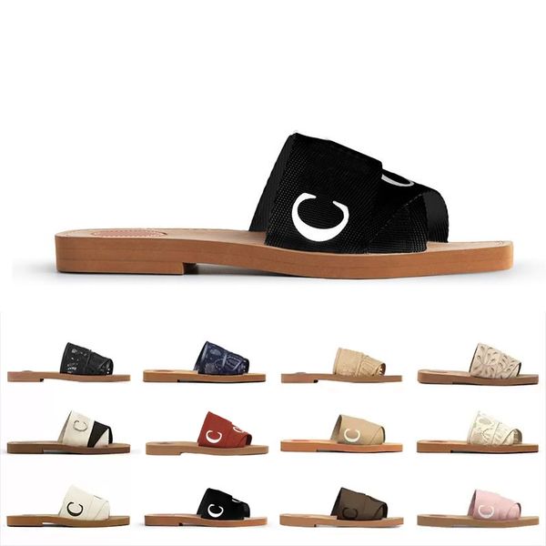 women woody sandals lettering Fabric canvas Summer Cork slippers Sandal Woven Roman Slippers Pearl Print Slide Wide Mules Flat Lady Sandals luxury designer Slipper
