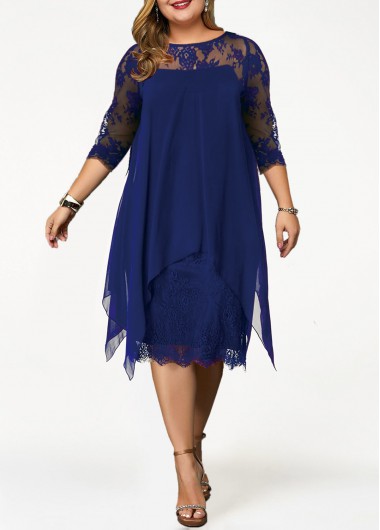 ROTITA Plus Size Lace Royal Blue H Shape Dress