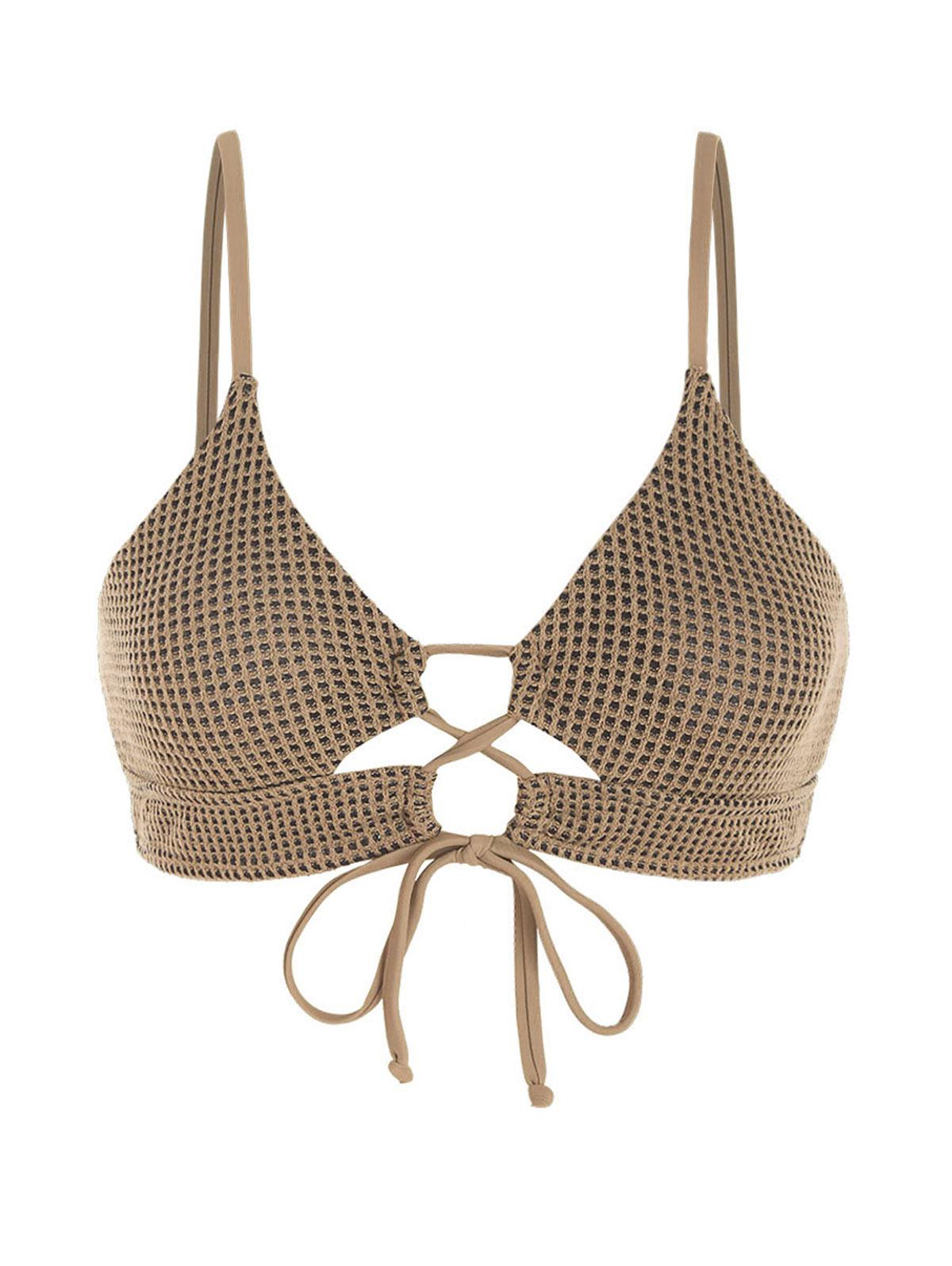 Textured Lace Up Tankini Top M Light coffee