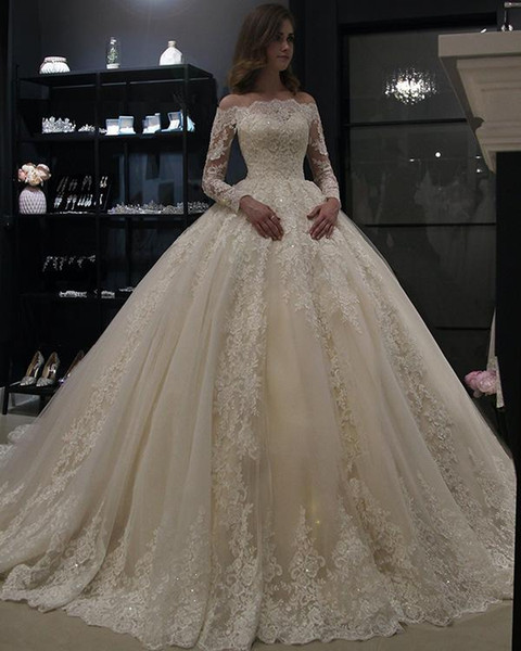 Vestido De Noiva Muslim Dresses Ball Gown Strapless Long Sleeve Lace Dubai Arabic pageant Gown Ivory Bride Dress