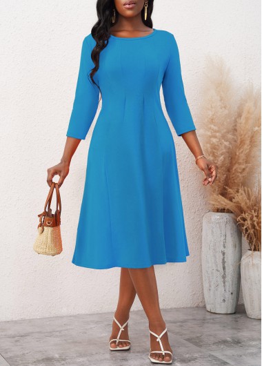 ROTITA 3/4 Sleeve Round Neck Neon Blue Dress