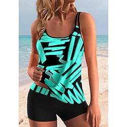 Women's Swimwear Tankini 2 Piece Plus Size Swimsuit 2 Piece Printing Lines / Waves Geometic Red Royal Blue Blue Green Rainbow Tank Top Bathing Suits Sports Beach Wear Summer Lightinthebox