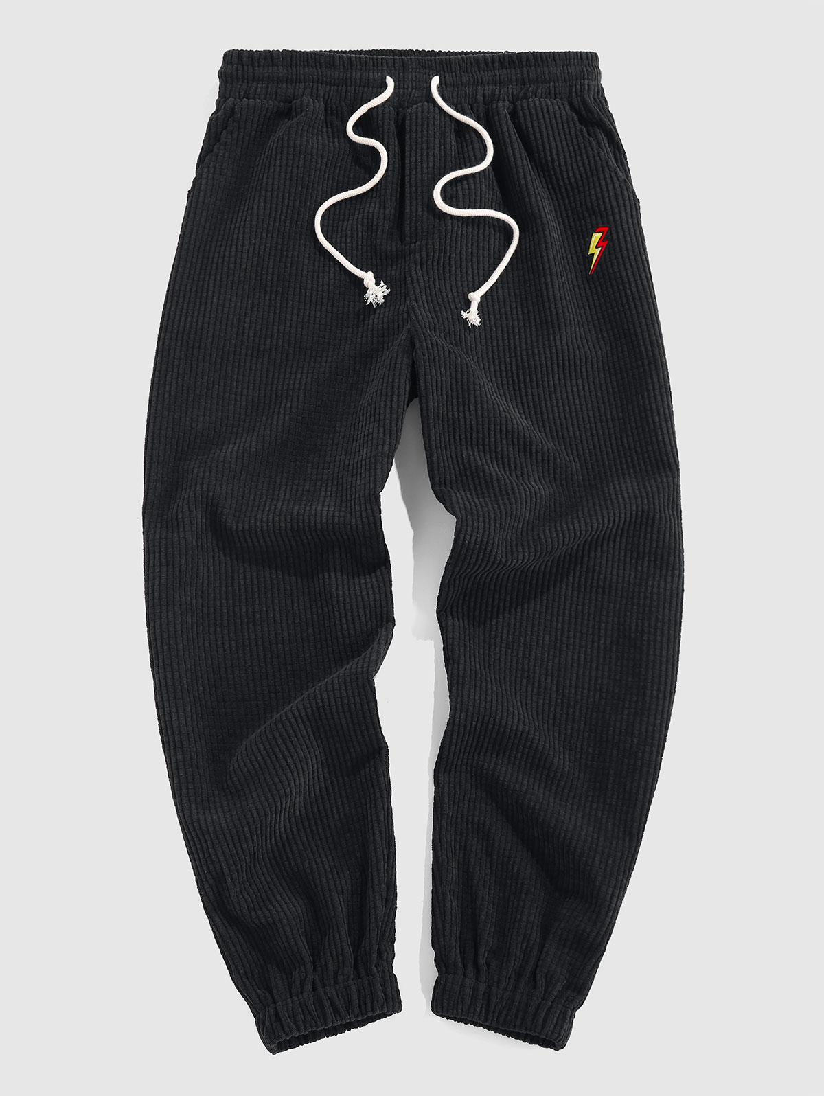 ZAFUL Men's ZAFUL Lightning Embroidered Ribbed Corduroy Jogger Sweatpants Xl Black