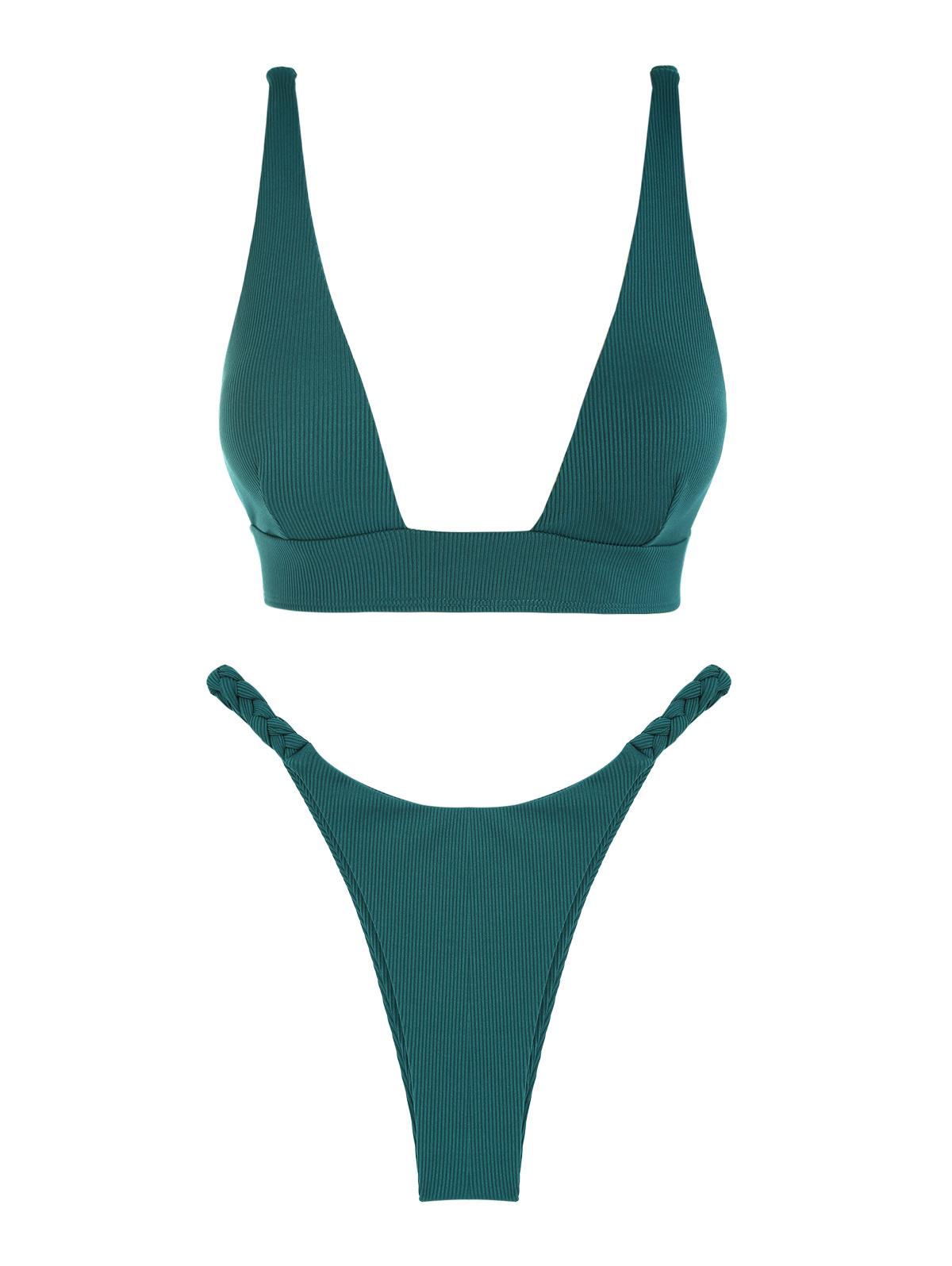 ZAFUL Ribbed Braided Straps Tanga Cheeky Bikini Swimwear S Deep green
