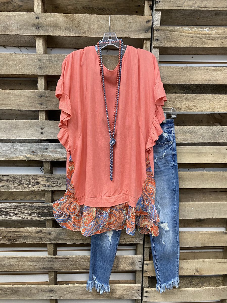 Red Tribal Paneled Crew Neck Casual T-Shirts - Noracora