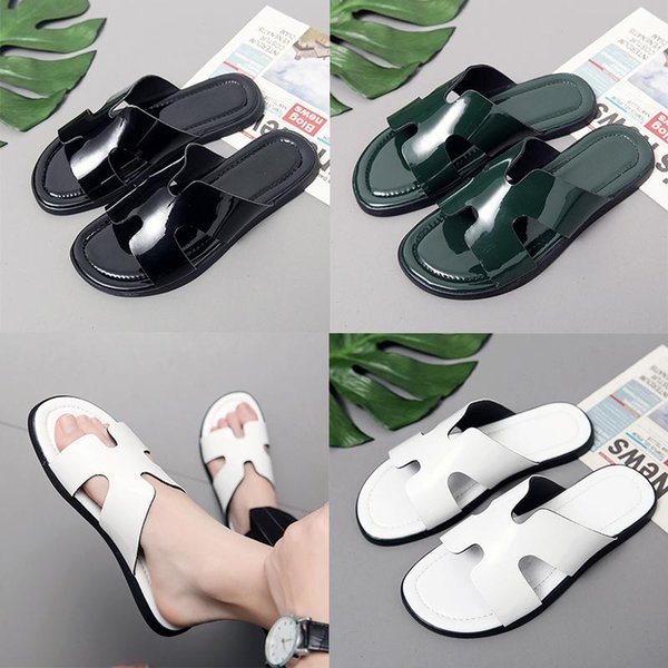 Luxury Genuine Leather slipper Men H Brand designer Rubber Slides Beach Flat Sandals Shiny Slippers Black white green outdoor home Flip Flop