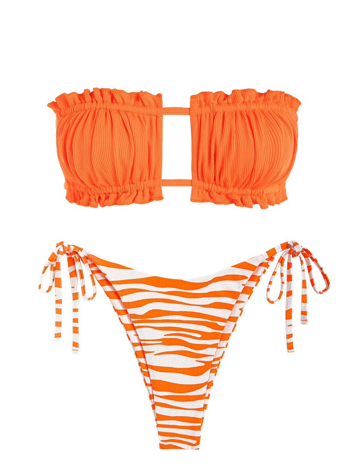 ZAFUL Ribbed Tie Side Animal Zebra Bandeau Bikini Swimwear L Orange