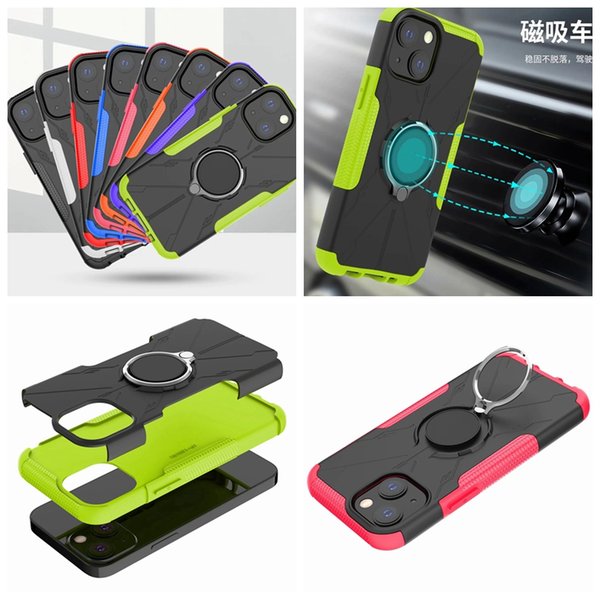 Metal Finger Ring Holder Hybird Layer Cases For Iphone 14 Pro Max 13 Mini 12 11 X XR XS Hard PC TPU Defender Combo Dual Shockproof Support Magnetic Car Mount Phone Cover