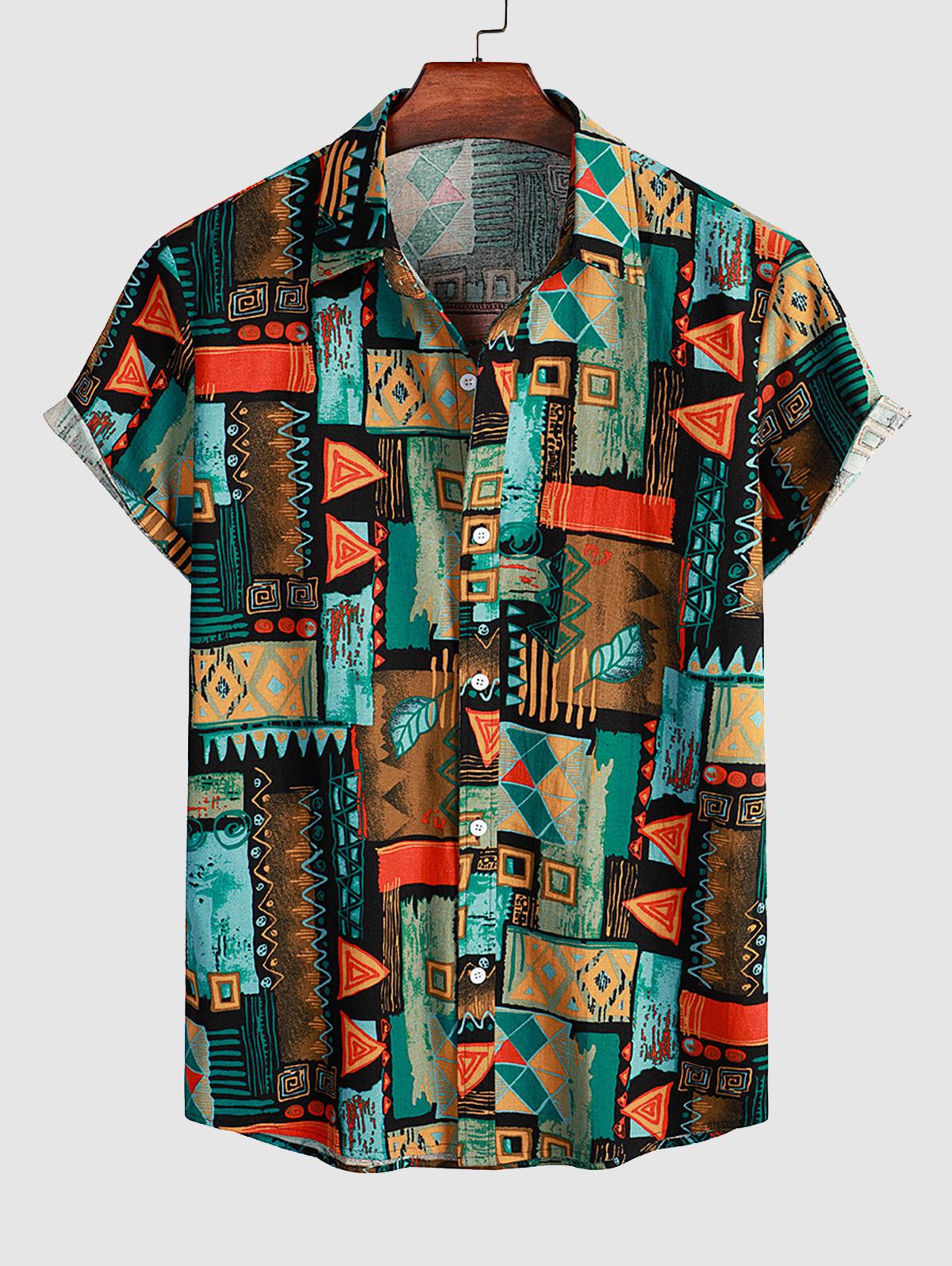 ZAFUL Men's Vintage Geometric Pattern Cotton and Linen Textured Short Sleeves Shirt M Multi a