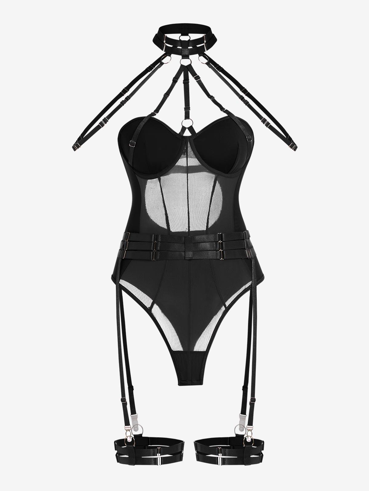 Underwire Sheer Mesh Panel Garter Belt Harness Lingerie Teddy L Black
