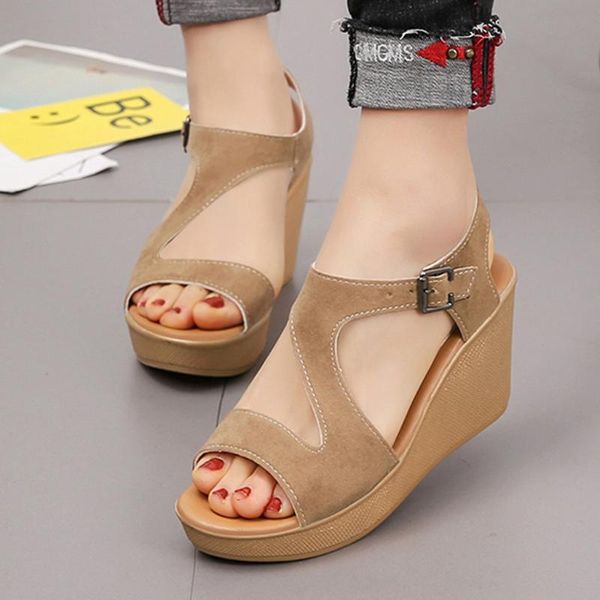 Dress Shoes Fashion Women Sandals 2021 Summer Women's Wedges Thick Bottom Belt Buckle Fish Mouth