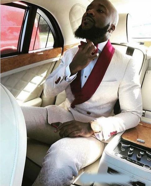 Real Images Ivory Double Breasted Wedding Tuxedos for Groom Red Shawl Lapel Two Piece Custom Formal Men Suits Men Prom Suit (Jacket + Pants)