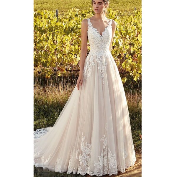 Wedding Dresses Lace Applique Top Bridal Gowns Backless Sheer Straps Beach Plus Size robes de soirée mariée