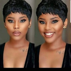 Remy Human Hair Wig Short Natural Straight Pixie Cut Natural Black Natural Cool Hot Sale Capless Brazilian Hair Women's Black 6 inch Christmas Gifts Daily Daily Wear Lightinthebox